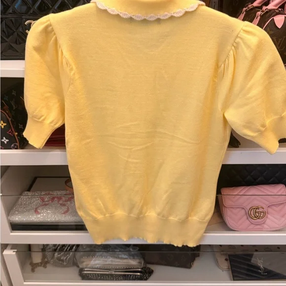 Yellow Collared Knit Top with Lace Trim - Picture 3 of 4